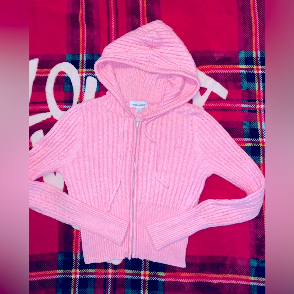 Pink Cable knit Zip up Crop Sweater with hood, New